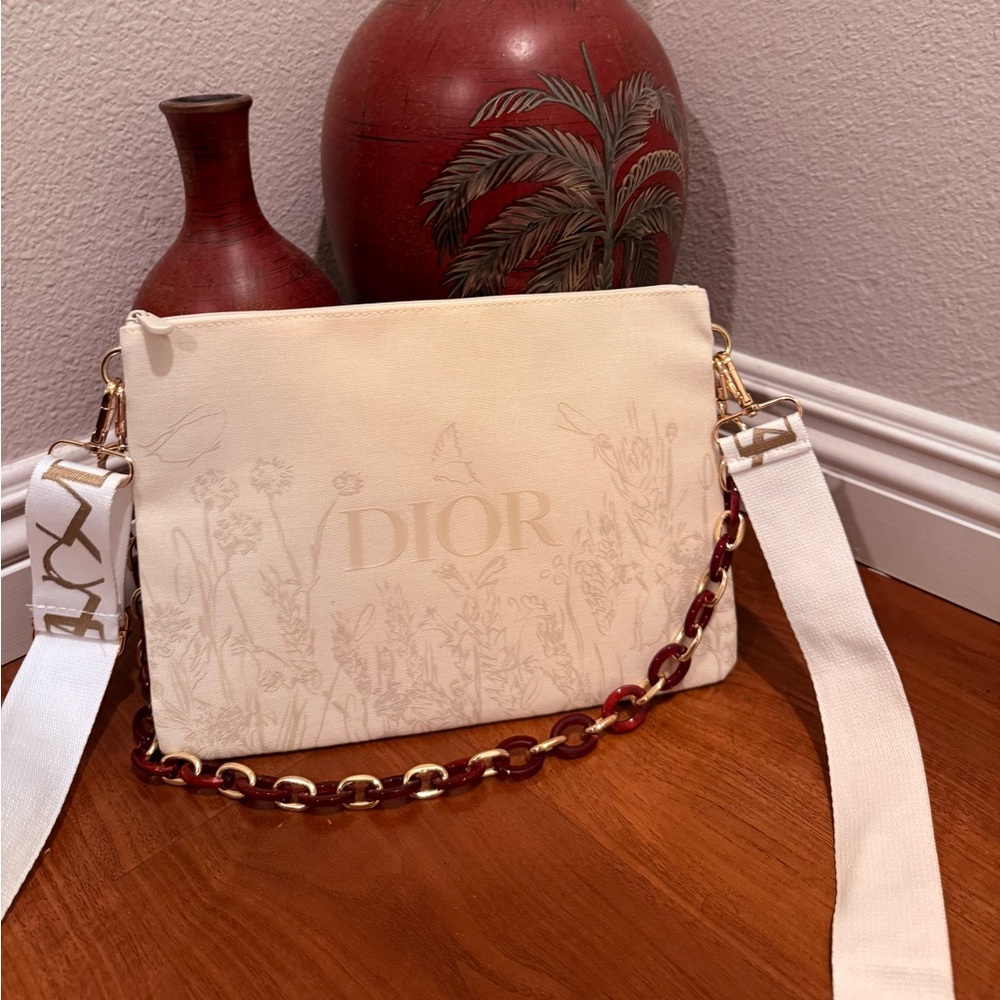Dior Cream Floral Canvas Crossbody with Gold & Burgundy Chain